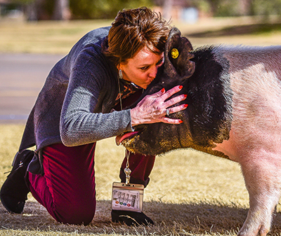 women kneeling on ground kissing a pig