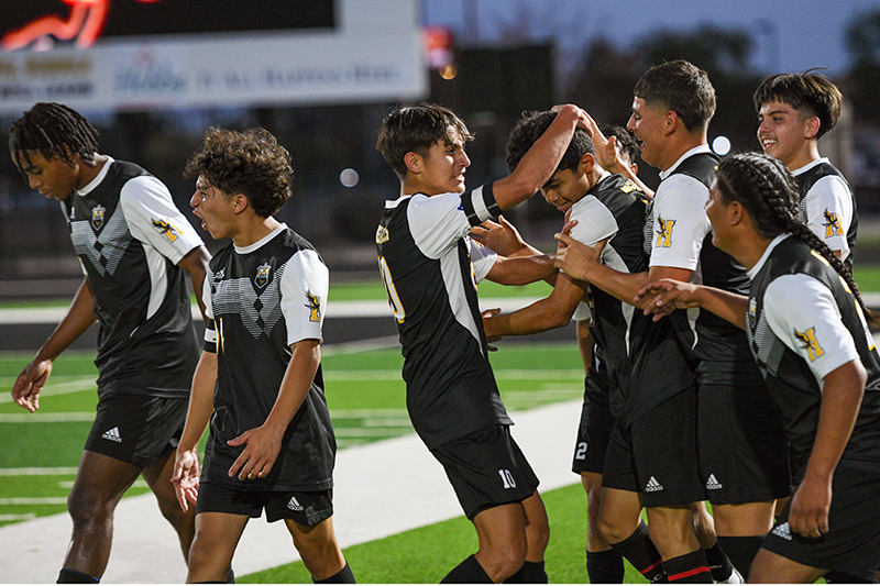 soccer players celebrating goal