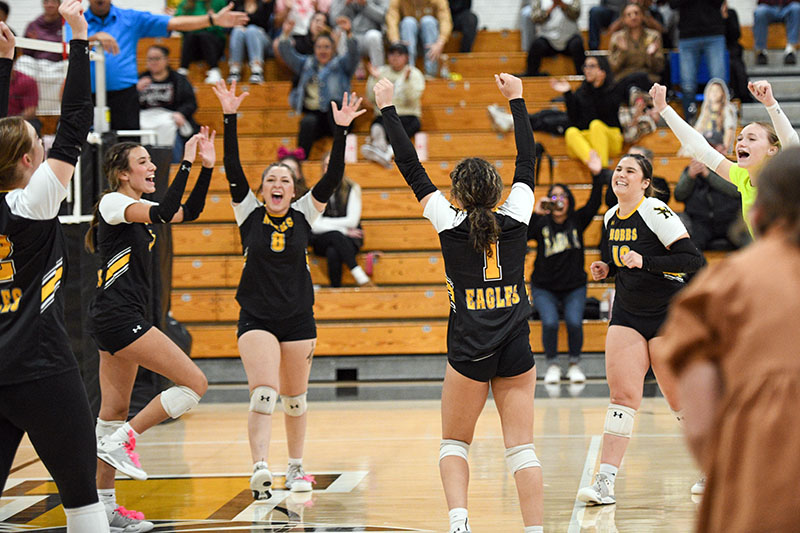 Volleyball players celebrate point